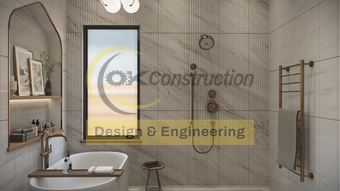 Primary bath — freestanding tub and shower wall, rendering