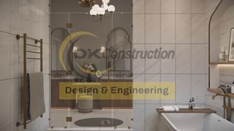 Primary bath — twin vanities and dressing station, rendering