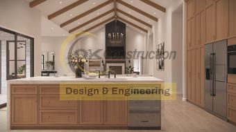 Kitchen island looking through to the living room — rendering