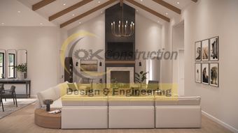 Living room — vaulted to 17'-8", rendering