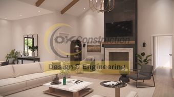 Living room, fireplace and media wall — rendering